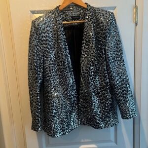 💖💖 NWOT Zara Blazer Black With Silver Sequins Size XL